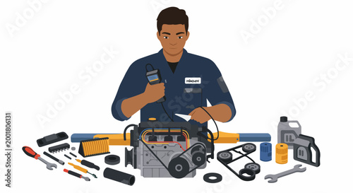 Professional mechanic performing engine diagnostics with specialized tools and spare parts in a workshop setting, flat vector illustration.