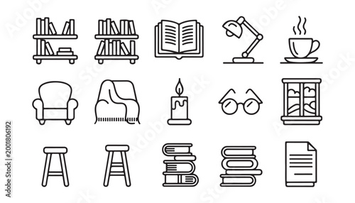 Set of sixteen cozy home reading and relaxation related line art icons on a transparent background.