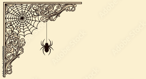 Black spider hanging from web corner.