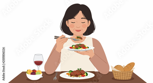 A happy Asian woman enjoying a gourmet meal with meat, vegetables, red wine, and bread in a beautiful flat vector illustration.