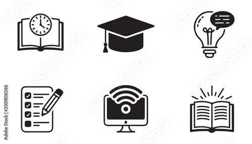 Group of simplified black icons representing books and academic elements on a transparent backdrop.