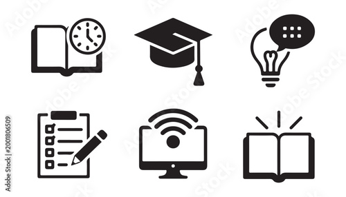 Assorted black silhouette icons for books and learning concepts on a checkerboard background.