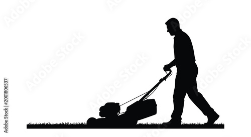 man mowing lawn silhouette on white background
