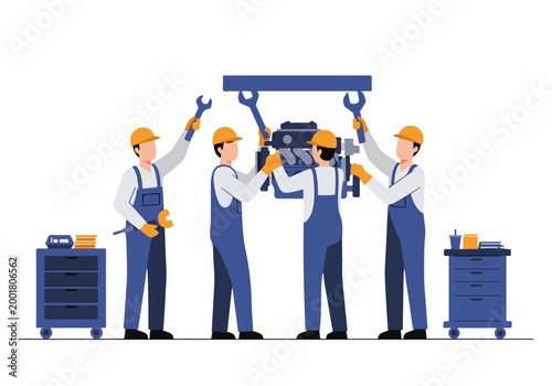 Team of Mechanics in Uniform and Hard Hats Repairing a Large Car Engine in a Professional Workshop Flat Vector Illustration