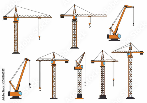 Collection of construction crane illustrations in various types and positions on a white background