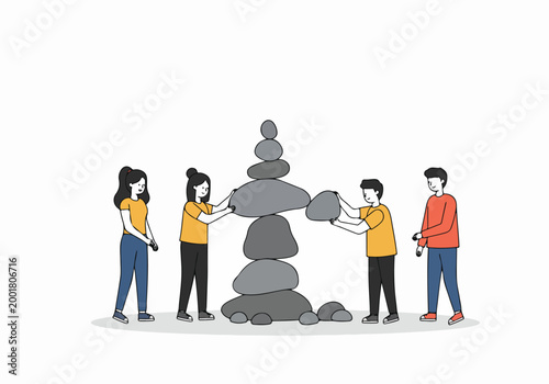 Illustration of a team working together to stack stones in a balanced tower, representing stability and cooperation in a flat line style.