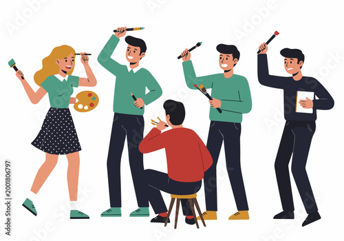 Diverse group of young artists and students enjoying a creative painting workshop together in a flat vector illustration style.