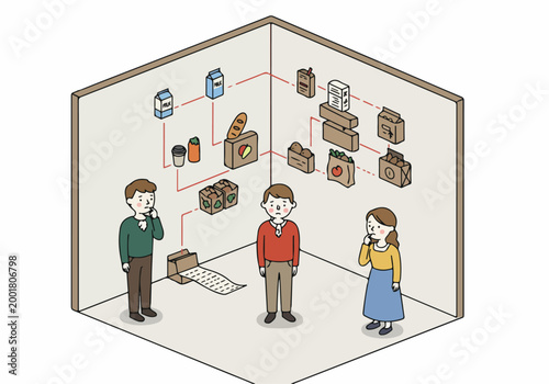 Isometric Illustration of People Concerned About Rising Food Costs and Inflation, Represented by a Complex Grocery Connection Map and Long Receipt.