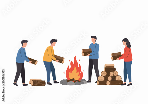 Illustration of a group of people gathering logs and building a campfire together in a minimalist flat design style.