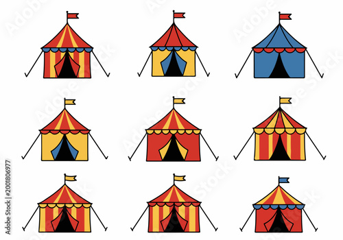 Collection of nine colorful circus tent icons with flags in flat style, featuring various color combinations for carnival and fair themed designs.