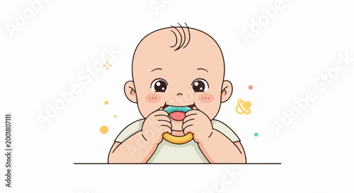Adorable cartoon illustration of a cute baby biting on a colorful teething ring, isolated on a white background.