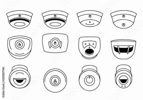 Set of smoke detector and fire alarm icons in line art style for safety and security design concepts.