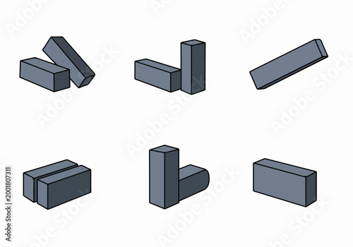 Set of six vector illustrations depicting gray 3D rectangular blocks in different perspectives and arrangements on a white background.