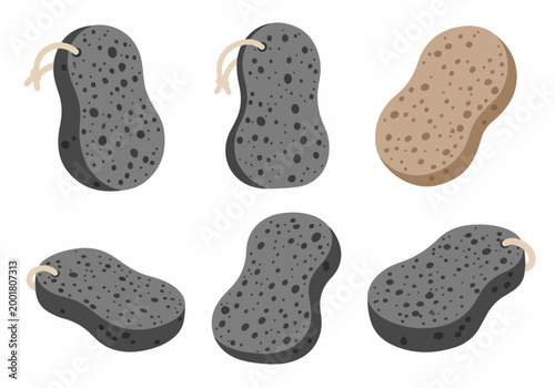 Collection of various Konjac facial sponges in charcoal grey and natural beige colors, isolated on a white background for skincare concepts.