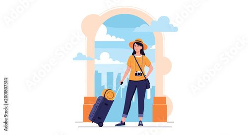 Female tourist with a large suitcase and camera stands in front of a city archway ready to explore her next travel destination during vacation.