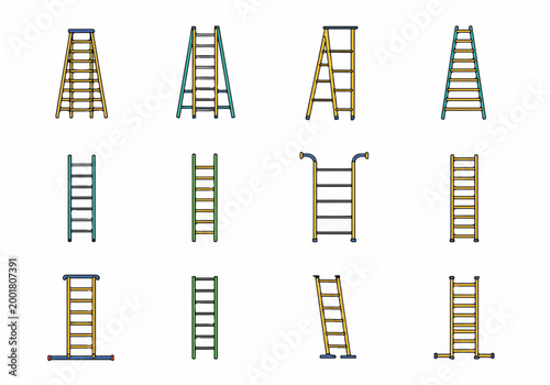 A collection of twelve colorful ladder icons in various styles, including stepladders and straight ladders, set on a white background.