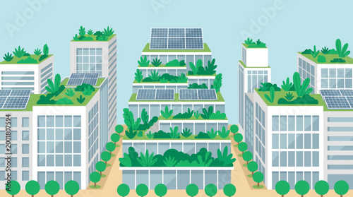 Green roofs on modern buildings showcase sustainable urban planning with solar panels and lush vegetation in a futuristic cityscape.