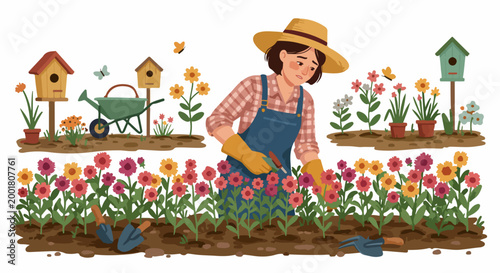 Illustration of a Sad Woman Gardening in a Flower Bed with Birdhouses and Butterflies in the Background