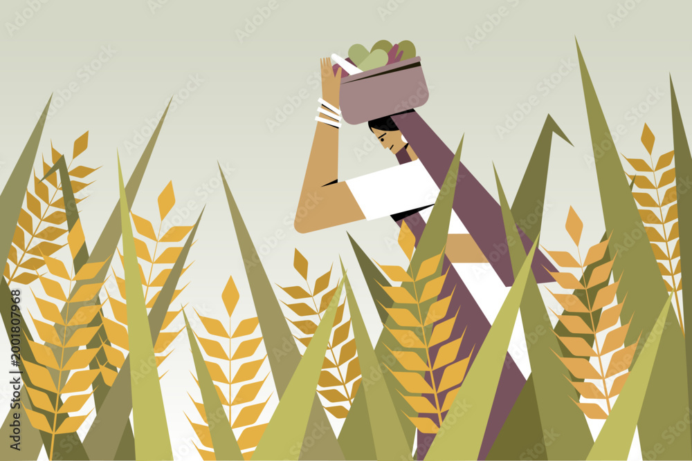 Fototapeta premium Illustration of a rural Indian woman carrying a basket through a wheat field, representing agriculture, harvest season, and traditional village life