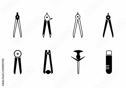 Set of minimalist black icons representing various drafting, measuring, and cutting tools for engineering and design.