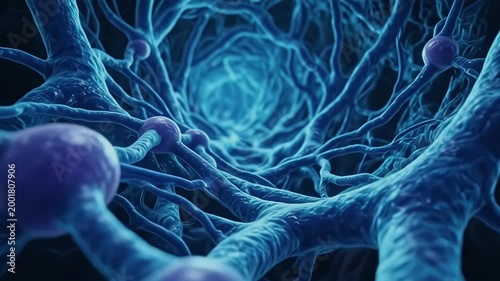 A detailed 3D micro-world inside neural tissue shows localized activation spreading across synapses as a bright wave of light, with a smooth forward camera move.