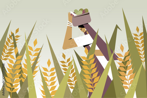 Illustration of a rural Indian woman carrying a basket through a wheat field, representing agriculture, harvest season, and traditional village life