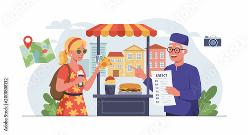 Vector illustration of a female tourist purchasing street food from a local vendor at a colorful outdoor kiosk during her vacation travel.