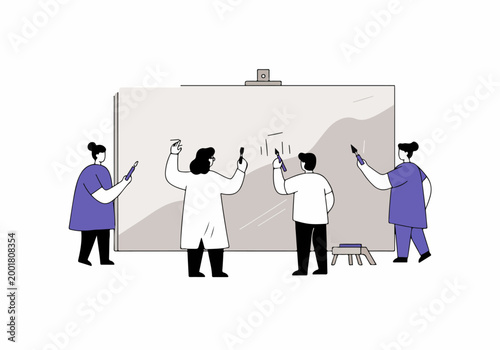 Team of creative people collaborating on a large mural or art project illustration