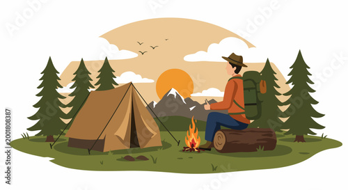 Vector Illustration of a Hiker Sitting by a Campfire and Tent in a Scenic Mountain Landscape at Sunset.