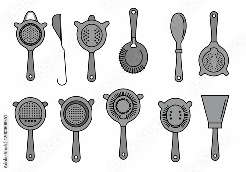 Collection of Various Professional Cocktail Strainer Icons and Bar Tools in a Flat Vector Line Art Style