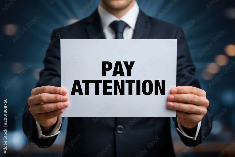Fototapeta premium A Man in a Business Suit Holding a Pay Attention Sign