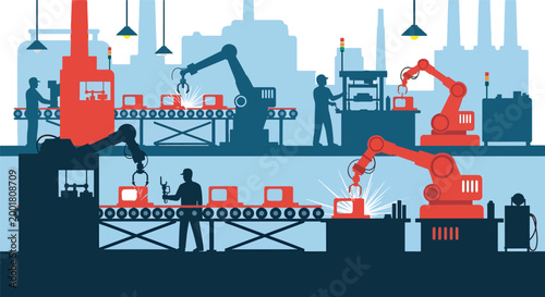 Industrial robots assembling products on modern factory production line Vector, illustration