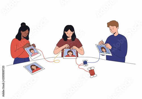 Diverse people connecting digital portraits with colorful threads, representing social networking, global communication, and human relationships in a modern digital world.