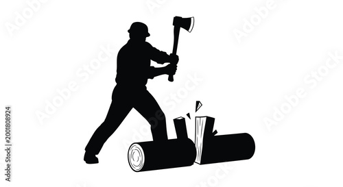 lumberjack silhouette with axe chopping wood on white background