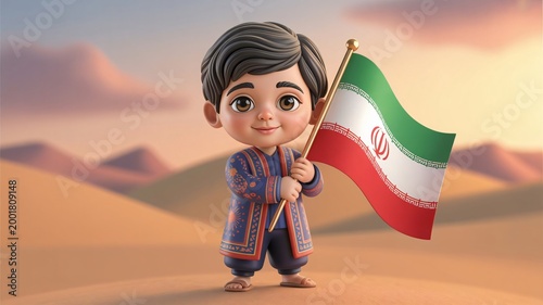 Adorable 3D Persian Kid Holding Iran Flag Cultural Patriotic Illustration