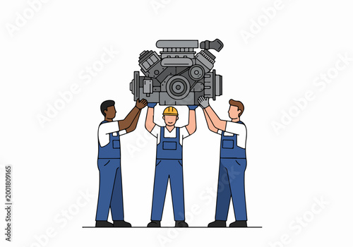 Three diverse mechanics in blue overalls working together to lift a heavy car engine, illustrating teamwork and collaboration in a workshop setting.