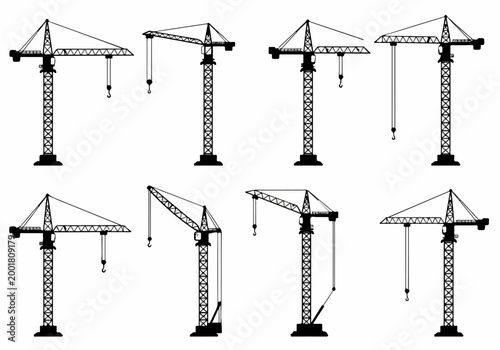 Set of eight black tower crane silhouettes isolated on a white background, ideal for construction, industrial, and building engineering design projects.