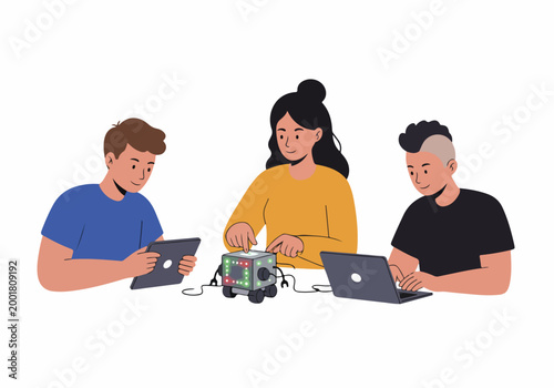 Diverse students collaborating on a robotics project using digital devices for STEM learning and technology education.