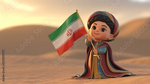 Adorable 3D Persian Kid Holding Iran Flag Cultural Patriotic Illustration