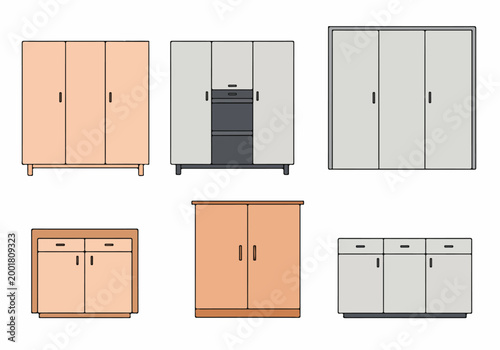 Collection of modern minimalist wardrobe and cabinet icons for interior design and home organization.