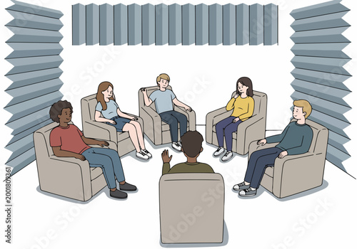 A diverse group of people participating in a support group or discussion session in a soundproof room with acoustic panels.