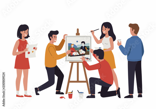 Diverse Group of Young Creative People Collaborating and Painting Together on a Large Canvas in an Art Studio Illustration