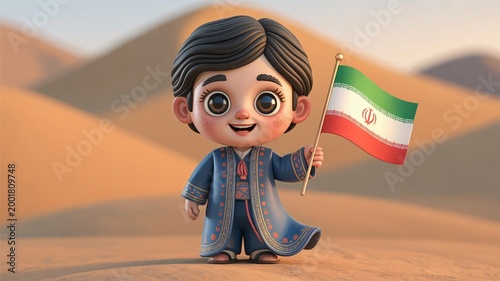 Adorable 3D Persian Kid Holding Iran Flag Cultural Patriotic Illustration