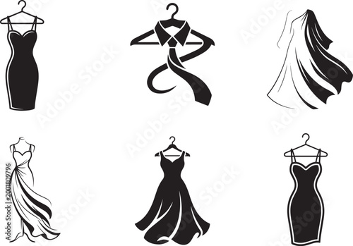 Elegant evening gowns, formal dresses, black and white vector illustrations, fashion icons, clothing set