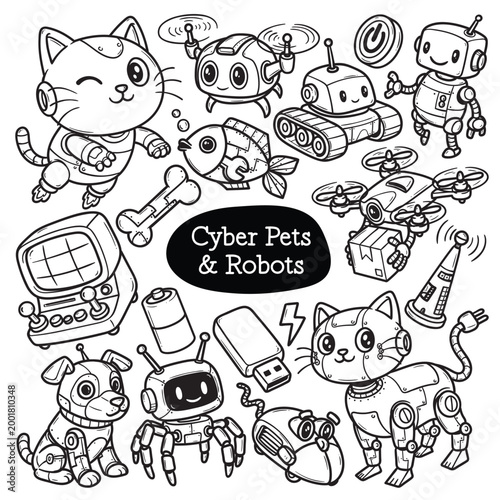 Cute Cyber Pets & Robots Doodle Illustration Art Collection Pack