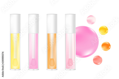 Cosmetic lip gloss or oil mockup isolated, transparent background, moisturizing pink glaze liquid lipstick 3d plastic tube vector packaging, open bottle, white cap, brush cup. Beauty treatment.
