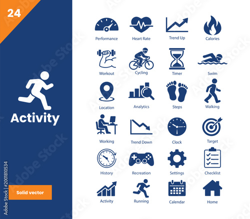 Fitness Activity Icon Collection Featuring Running, Workout, Steps, Heart Rate and Calories Symbols, Solid Vector Icons