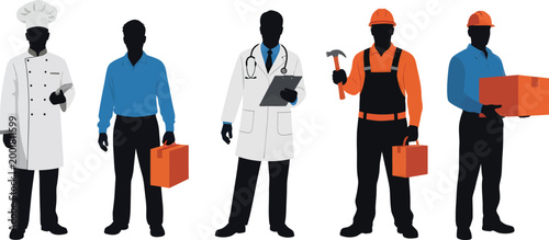 Professional occupations set featuring diverse workers in uniform silhouette vector illustration for business and career concept design