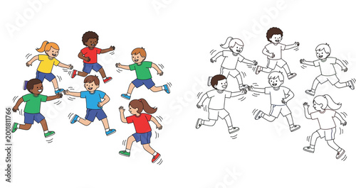 Diverse Group of Happy Children Running and Playing Tag Illustration Set with Colored and Black and White Line Art Version for Kids Coloring Book Activities, Vector Graphic on White Background