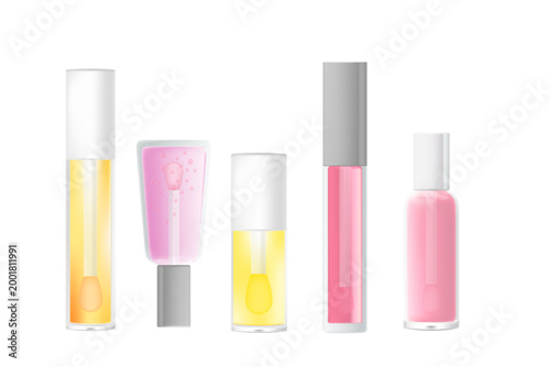 Cosmetic nude pink lipgloss makeup clear glass bottles with brush lid mockup set isolated, transparent background, lip oil, lipstick 3d tube, lip balm, lip tint different shape beauty packaging.